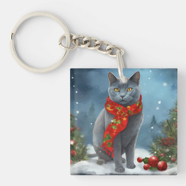 Russian Blue Cat in Snow Christmas Keychain (Front)