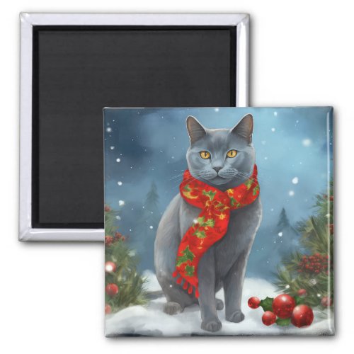 Russian Blue Cat in Snow Christmas Magnet