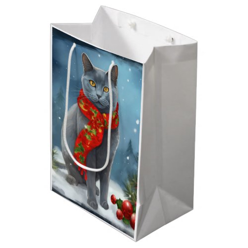 Russian Blue Cat in Snow Christmas Medium Gift Bag