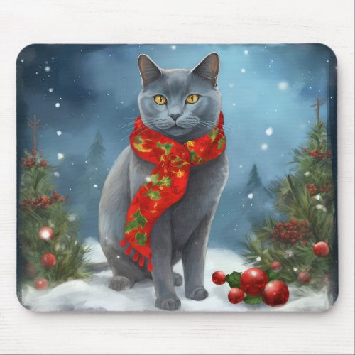 Russian Blue Cat in Snow Christmas Mouse Pad
