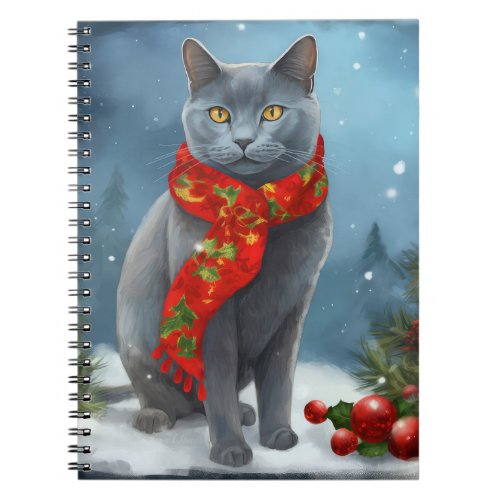 Russian Blue Cat in Snow Christmas Notebook