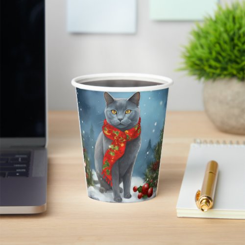 Russian Blue Cat in Snow Christmas Paper Cups
