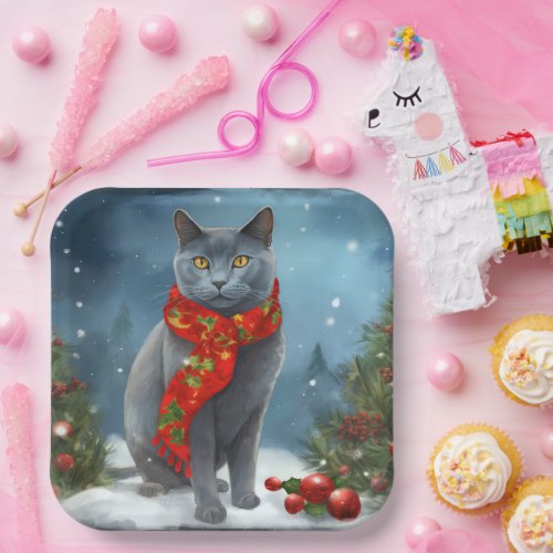 Russian Blue Cat in Snow Christmas Paper Plates
