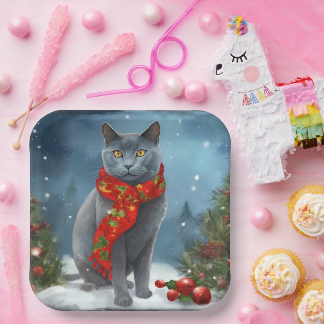 Russian Blue Cat in Snow Christmas Paper Plates (Party)