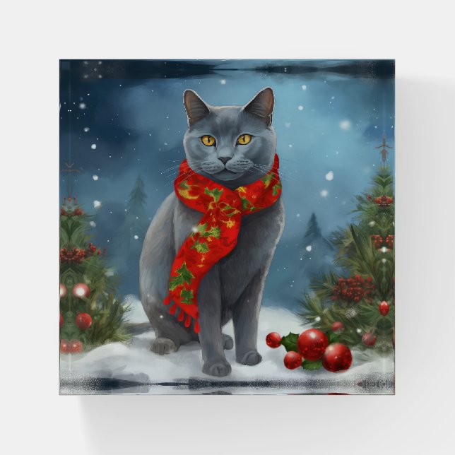 Russian Blue Cat in Snow Christmas Paperweight (Front)