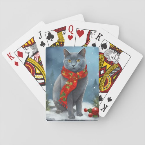 Russian Blue Cat in Snow Christmas Poker Cards