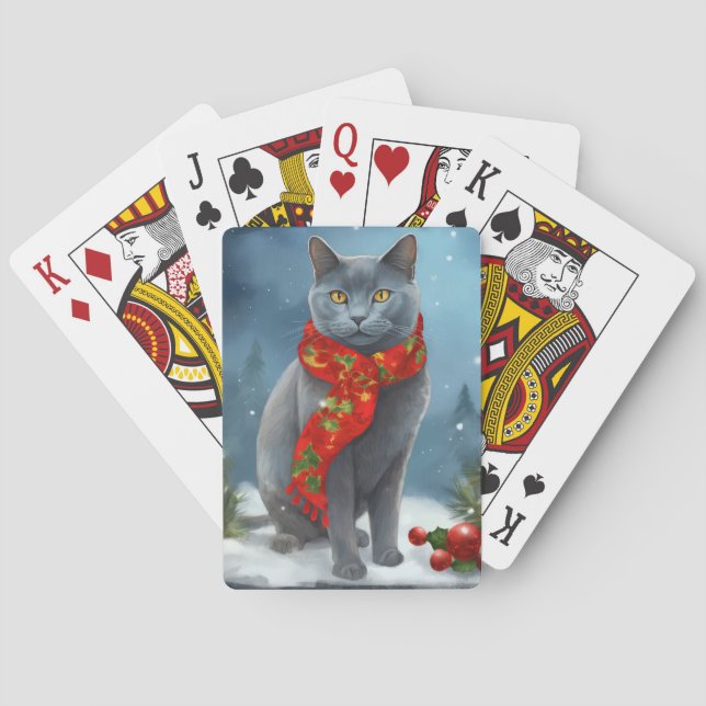 Russian Blue Cat in Snow Christmas Poker Cards (Back)