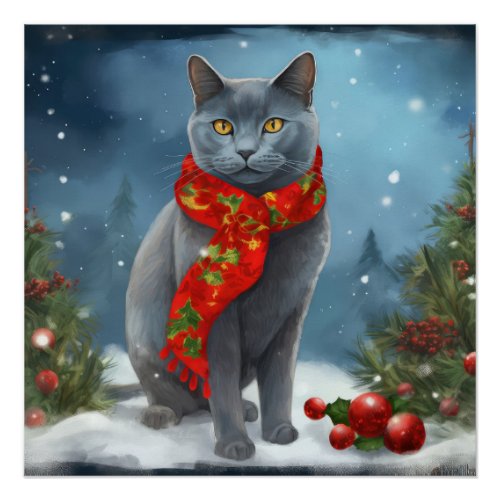 Russian Blue Cat in Snow Christmas Poster