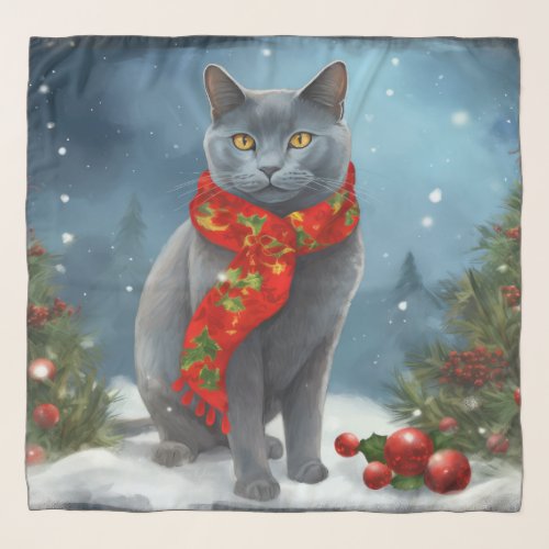 Russian Blue Cat in Snow Christmas Scarf