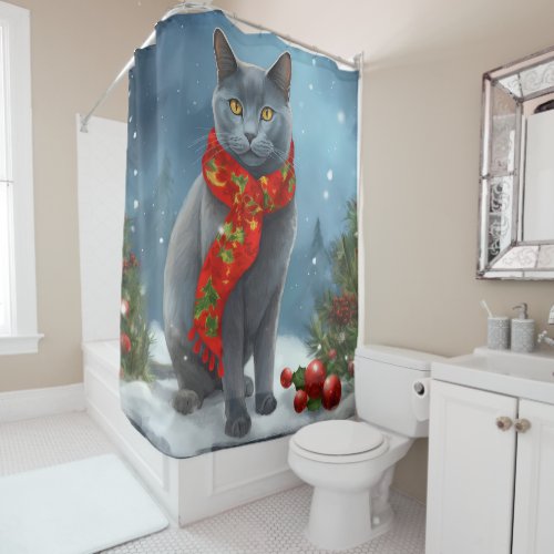 Russian Blue Cat in Snow Christmas Shower Curtain