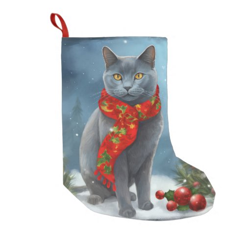 Russian Blue Cat in Snow Christmas Small Christmas Stocking