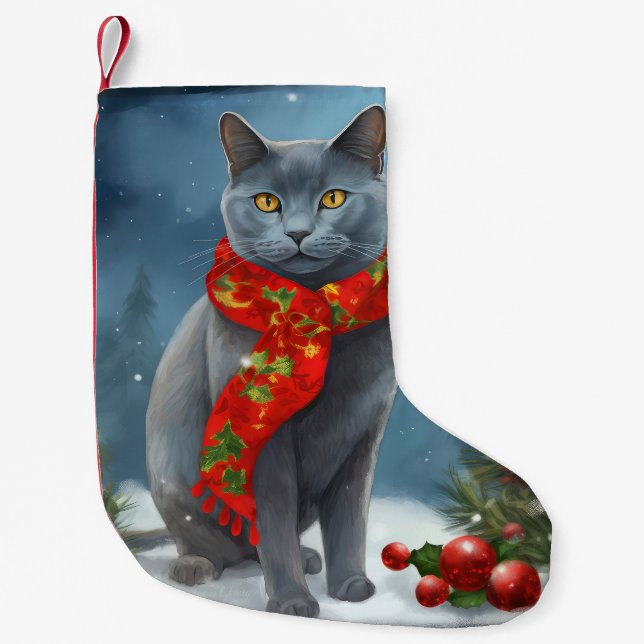 Russian Blue Cat in Snow Christmas Small Christmas Stocking (Front)
