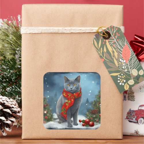 Russian Blue Cat in Snow Christmas Square Sticker
