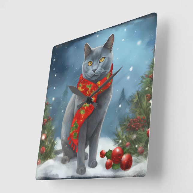Russian Blue Cat in Snow Christmas Square Wall Clock (Angle)