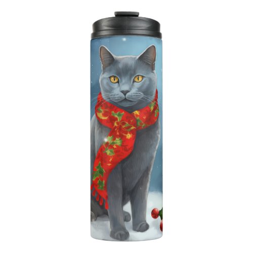 Russian Blue Cat in Snow Christmas Thermal Tumbler