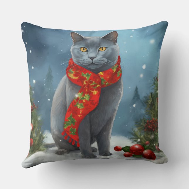 Russian Blue Cat in Snow Christmas Throw Pillow (Back)
