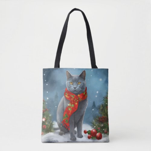 Russian Blue Cat in Snow Christmas Tote Bag