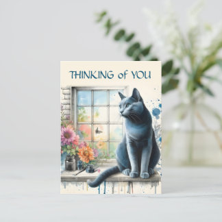 Russian Blue Cat in Window with Summer Flowers Postcard