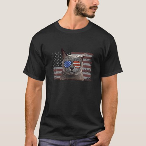 Russian Blue Cat July 4Th Retro USA American Flag T_Shirt
