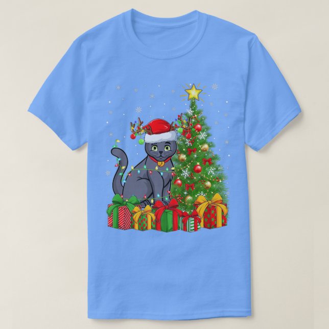 Russian Blue Cat Lighting Xmas Tree Russian Blue C T-Shirt (Design Front)
