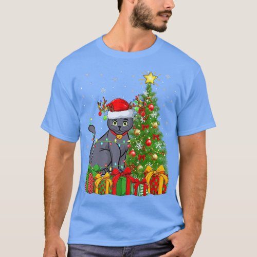 Russian Blue Cat Lighting Xmas Tree Russian Blue C T_Shirt