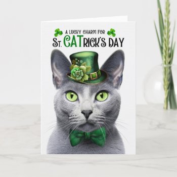Russian Blue Cat Lucky Charm St Catrick's Day Holiday Card by PAWSitivelyPETs at Zazzle