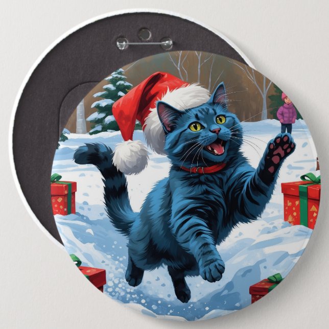 Russian Blue Cat Running Snow with Christmas Hat Button (Front & Back)