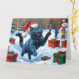 Russian Blue Cat Running Snow with Christmas Hat Card