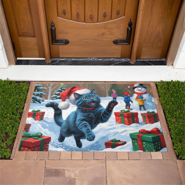 Russian Blue Cat Running Snow with Christmas Hat Doormat (Outdoor)