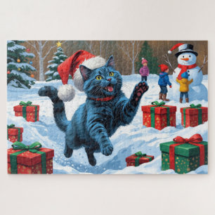 Russian Blue Cat Running Snow with Christmas Hat Jigsaw Puzzle
