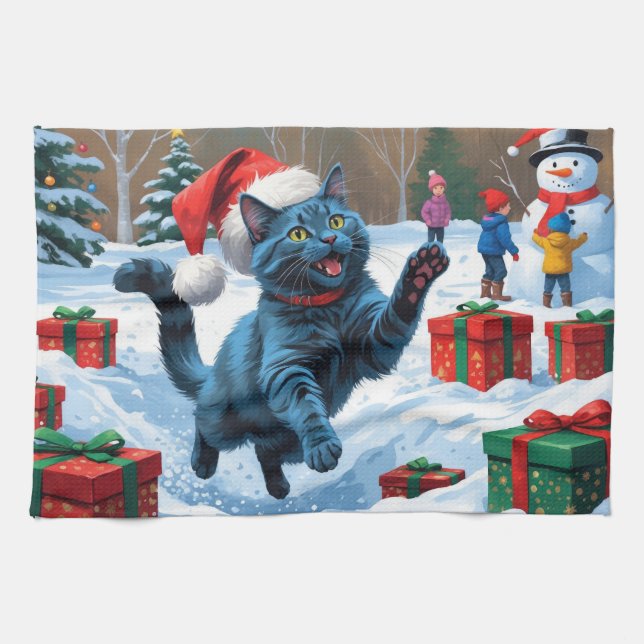 Russian Blue Cat Running Snow with Christmas Hat Kitchen Towel (Horizontal)