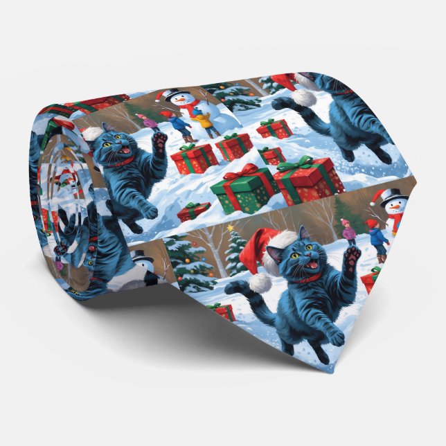 Russian Blue Cat Running Snow with Christmas Hat Neck Tie (Rolled)