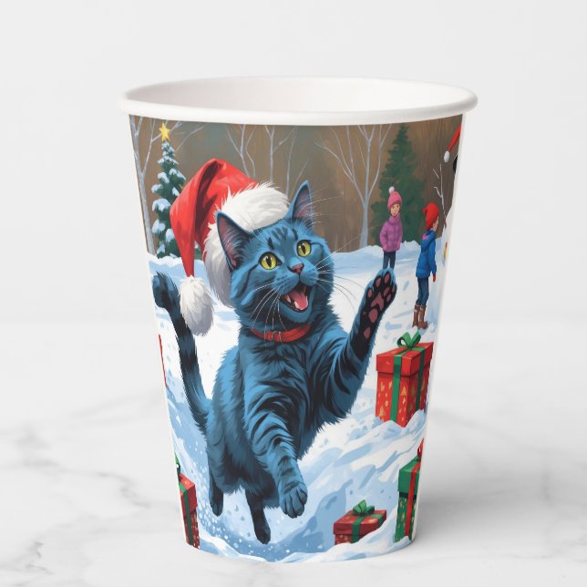 Russian Blue Cat Running Snow with Christmas Hat Paper Cups (Front)