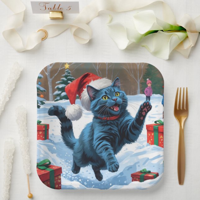 Russian Blue Cat Running Snow with Christmas Hat Paper Plates (Wedding)