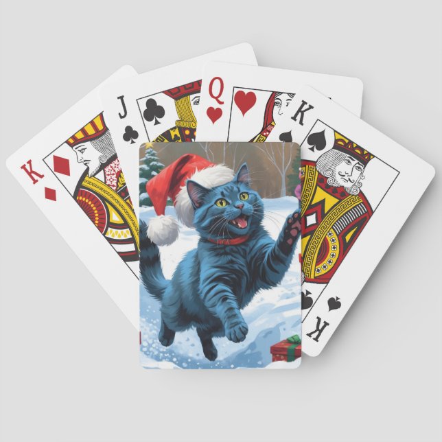 Russian Blue Cat Running Snow with Christmas Hat Poker Cards (Back)