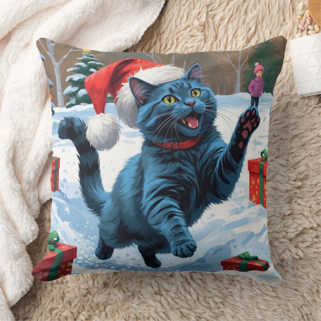 Russian Blue Cat Running Snow with Christmas Hat Throw Pillow (Blanket)