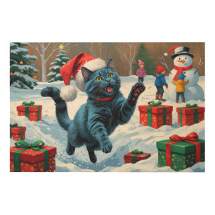 Russian Blue Cat Running Snow with Christmas Hat Wood Wall Art