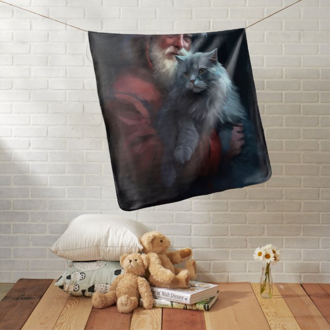 Russian Blue Cat Santa Claus Festive Christmas Baby Blanket (In Situ)