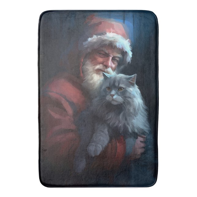 Russian Blue Cat Santa Claus Festive Christmas Bath Mat (Front Vertical)