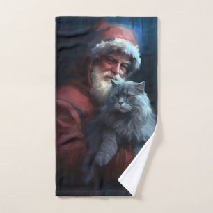 Russian Blue Cat Santa Claus Festive Christmas Bath Towel Set