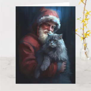 Russian Blue Cat Santa Claus Festive Christmas Card