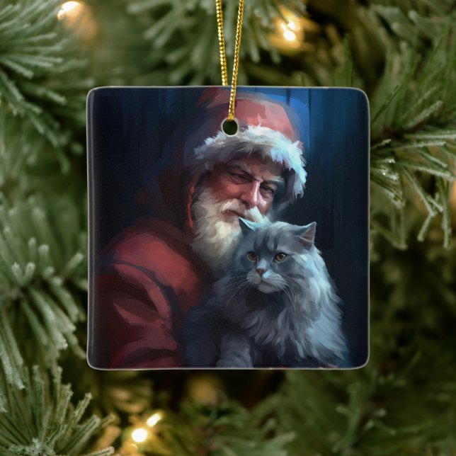 Russian Blue Cat Santa Claus Festive Christmas Ceramic Ornament (Tree)