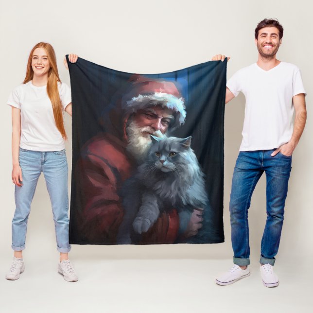 Russian Blue Cat Santa Claus Festive Christmas Fleece Blanket (In Situ)