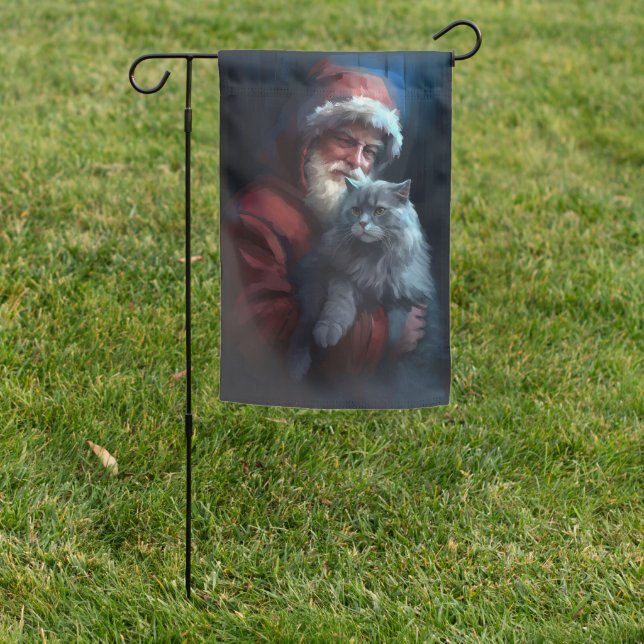 Russian Blue Cat Santa Claus Festive Christmas Garden Flag (In SItu)