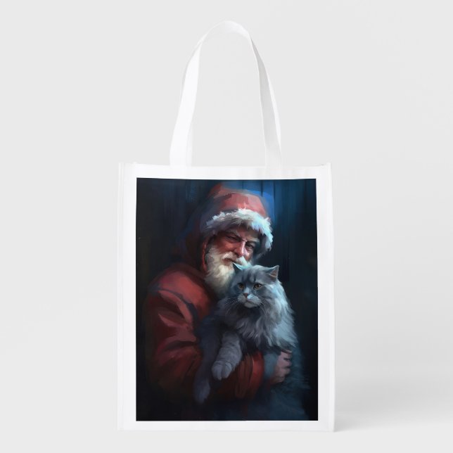 Russian Blue Cat Santa Claus Festive Christmas Grocery Bag (Front)