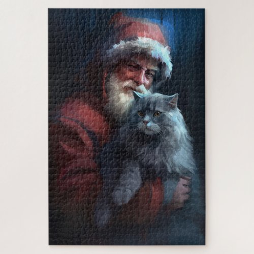 Russian Blue Cat Santa Claus Festive Christmas Jigsaw Puzzle