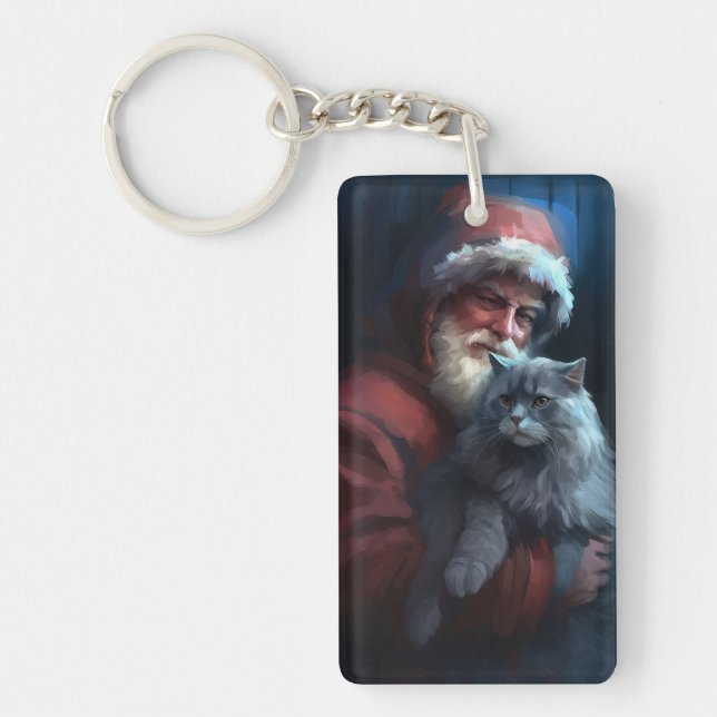 Russian Blue Cat Santa Claus Festive Christmas Keychain (Front)