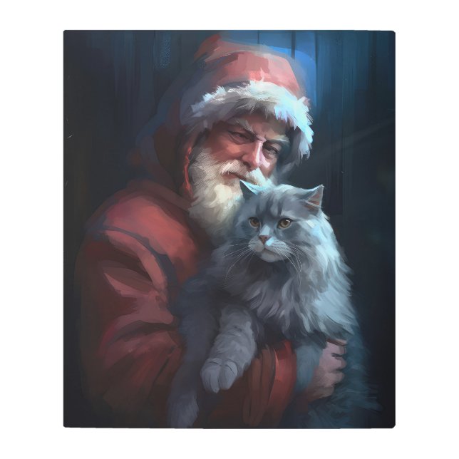 Russian Blue Cat Santa Claus Festive Christmas Metal Print (Front)