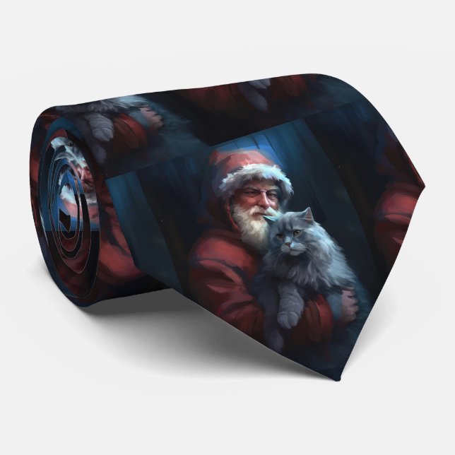 Russian Blue Cat Santa Claus Festive Christmas Neck Tie (Rolled)
