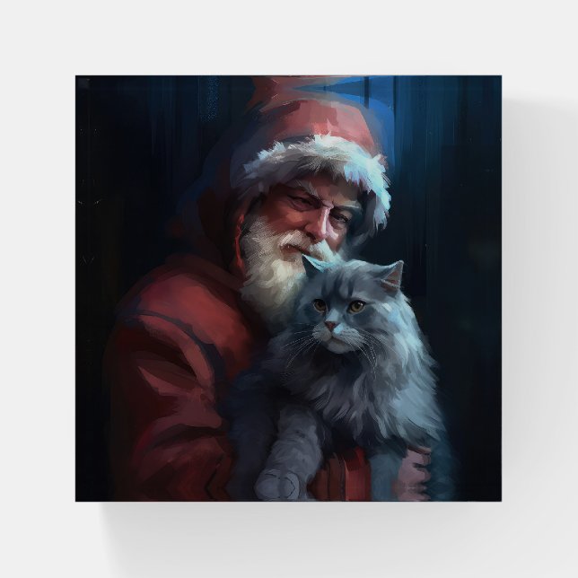 Russian Blue Cat Santa Claus Festive Christmas Paperweight (Front)